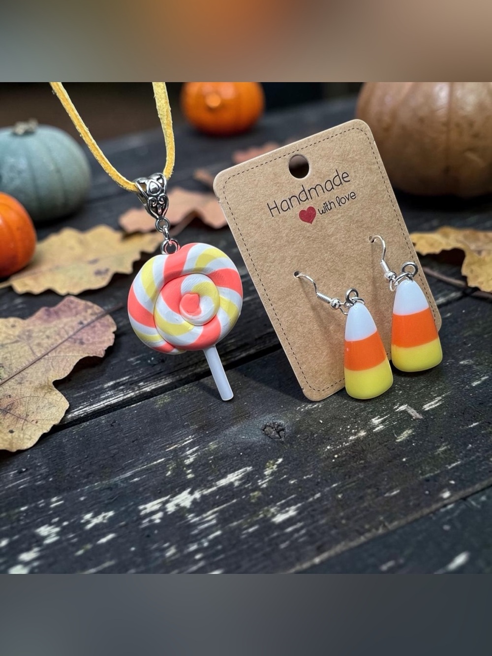 🍭 Handmade Halloween Lollipop Necklace & Candy Corn Earrings Set Yellow Suede